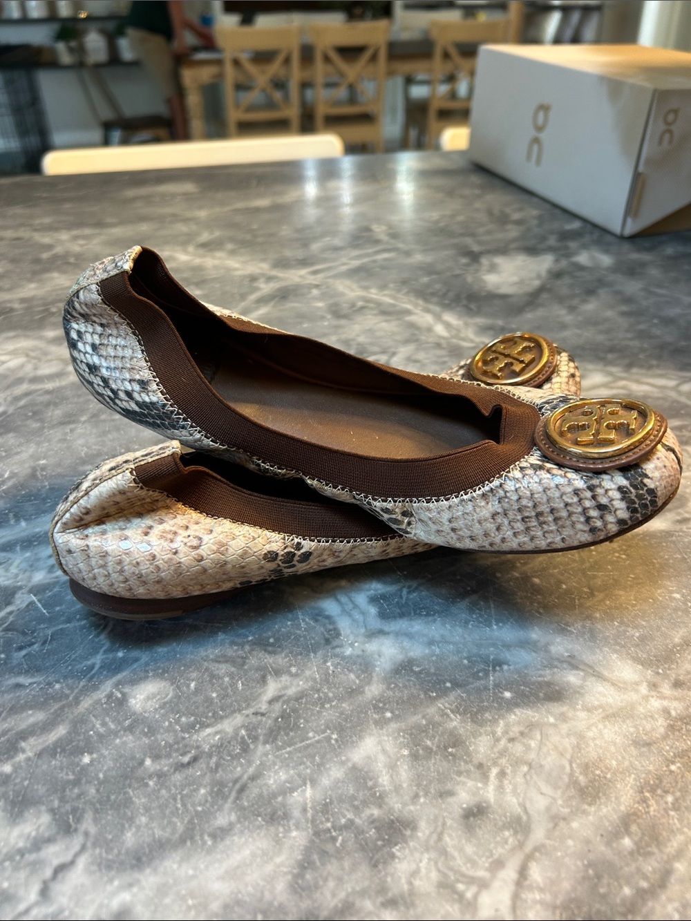 Tory Burch Taupe Snake-Print Logo Ballet Flats - Picture 2 of 4